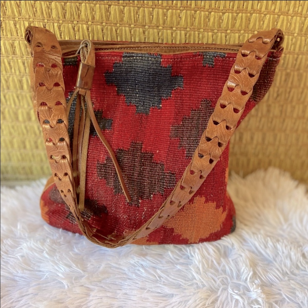 Vtg Kilim wool rug bag hand tooled leather boho